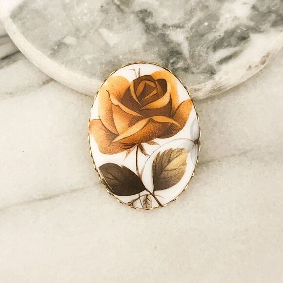 Vintage Rose Brooch Pin Transfer Design Brown Gold Toned Metal Cabochon Regency - Picture 1 of 7